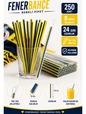 Ardin Fenerbahçe Pipet 250 Adet 8 mm 24 cm Tek Tek Paketli Sarı Lacivert Pipet