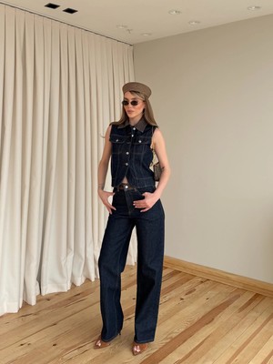 Laluvia Kahverengi Yaka Detaylı Denim Yelek Pantolon Takım - 0981