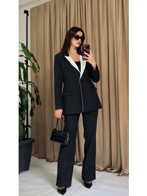 Klex Kontrast Detaylı Blazer Ceket Pantolon Takım 1033 Siyah - S
