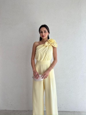 Klex Tek Omuz Çiçek Detaylı Geniş Paça Tulum 5085 Sarı - S