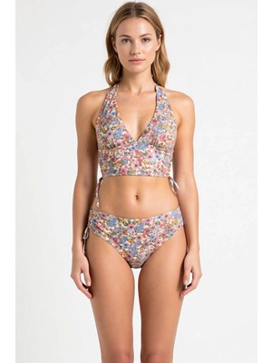 Benerly Kadın Bikini Takımı Bağlamalı Üçgen Yaka Çiçek Desenli Drapeli Ayarlanabilir Yüksek Bel Slip Alt