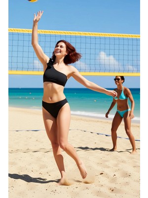 PayBuy Kadın Bikini Takımı Tek Omuz Aplike Detaylı Yüksek Bel Balensiz Kolsuz Regular Kalıp Örme Kumaş