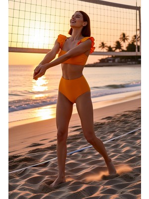 PayBuy Kadın Bikini Takımı Dokulu Örme Fırfırlı Bralette Balensiz Yüksek Bel Hipster Kolsuz Kapalı Arka