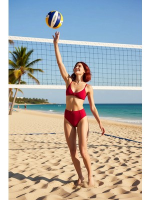 PayBuy Kadın Bikini Takımı Bralette Üçgen Kesim Kolsuz Kapsız Balensiz Yüksek Bel Kemerli Dokulu Örme