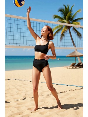 PayBuy Kadın Bikini Takımı Tek Omuz Üst Kolsuz Yüksek Bel Hipster Alt Balensiz Düz Renk Örme Kumaş Regular