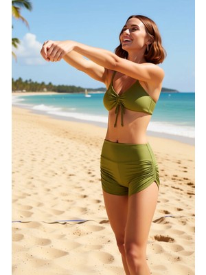 PayBuy Kadın Şortlu Bikini Takımı Kolsuz Balensiz Yüksek Bel Tünelli Düz Desen Örme Raşel Dokuma Şık