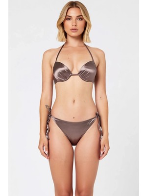 Benerly Kadın Bikini Takımı Balconette Push Up Balenli Üst Düşük Bel Slip Alt Bağlamalı Kolsuz Örme