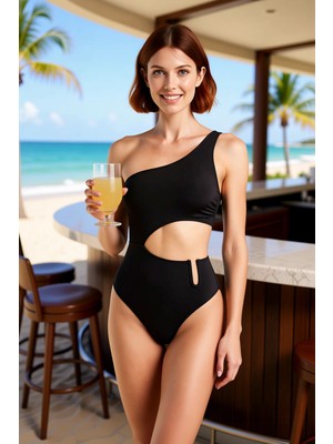 PayBuy Kadın Mayokini Tek Omuz Atma Kaplı Brazilian Kesim Yan Cut Out Detaylı Aksesuarlı Örme Kumaş Kolsuz