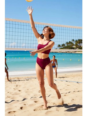 PayBuy Kadın Bikini Takımı Tek Omuz Üst Kolsuz Yüksek Bel Hipster Alt Balensiz Düz Renk Örme Kumaş Regular