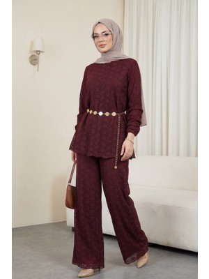 Moda Morfo Yuvarlak Yaka Kemerli Dantel Detaylı Astarlı Pantolonlu Takım -Bordo