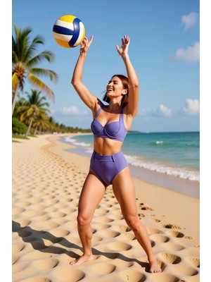 PayBuy Kadın Bikini Takımı Balconette Balenli Sabit Kap Yüksek Bel Hipster Nervürlü Düz Desen Kolsuz Örme