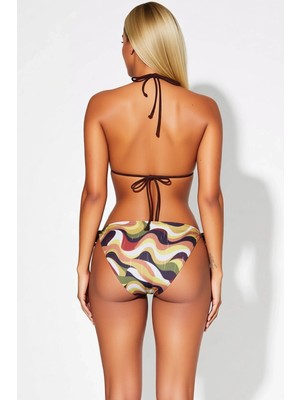 Benerly Kadın Bikini Takımı Soyut Desenli Simli Dokulu Üçgen Kaplı Normal Bel Yanları Bağlamalı Örme Plaj