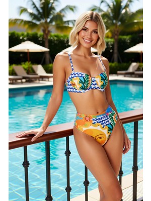 Benerly Kadın Bikini Takımı Balconette Kaplı Kolsuz Örme Dalgıç Scuba Tropikal Desenli Yüksek Bel Regular