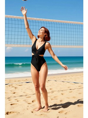 PayBuy Kadın Mayo V Yaka Kolsuz Cut Out Detaylı Örme Kumaş Balensiz Düz Desenli Regular Kesim