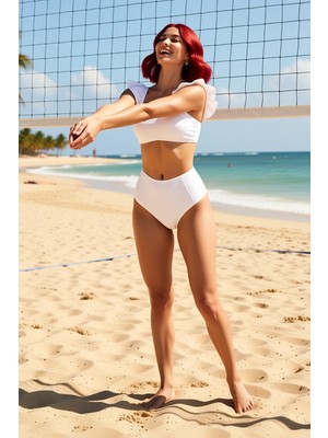 PayBuy Kadın Bikini Takımı Dokulu Örme Fırfırlı Bralette Balensiz Yüksek Bel Hipster Kolsuz Kapalı Arka