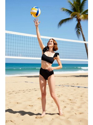 PayBuy Kadın Bikini Takımı Dokulu Örme Fırfırlı Bralette Balensiz Yüksek Bel Hipster Kolsuz Kapalı Arka