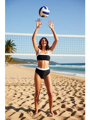 PayBuy Kadın Bikini Takımı Bralette Kare Yaka Kolsuz Yüksek Bel Hipster Renk Bloklu Örme Kumaş Balensiz