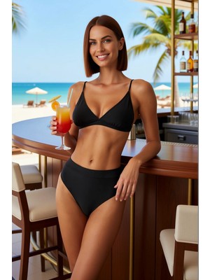PayBuy Kadın Bikini Takımı Leopar Desenli Üçgen Kaplı Balensiz Yüksek Bel Hipster Kolsuz Örme Raşel