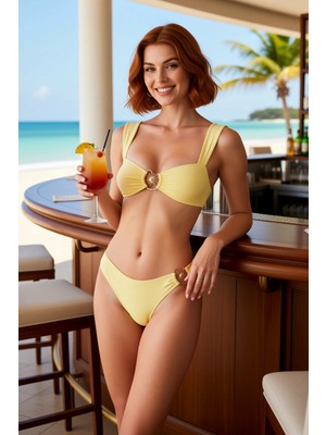 PayBuy Kadın Bikini Takımı Bralette Üst Balensiz Normal Bel Slip Alt Döküm Aksesuar Detay Kolsuz Örme Kumaş