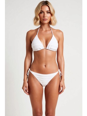 Benerly Kadın Bikini Takımı Dokulu Üçgen Kaplı Fırfırlı Düşük Bel Brazilian Kesim Örme Kumaş Düz Desen