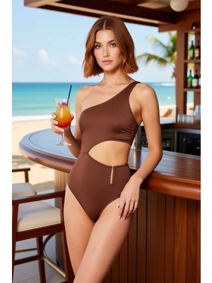 PayBuy Kadın Mayokini Tek Omuz Atma Kaplı Brazilian Kesim Yan Cut Out Detaylı Aksesuarlı Örme Kumaş Kolsuz