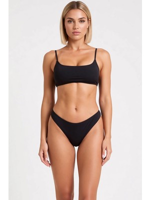 Benerly Kadın Bikini Takımı Bralette Yaka Ince Askılı Örme Kumaş Brazilian Kesim Süper Yüksek Bel Düz Desen