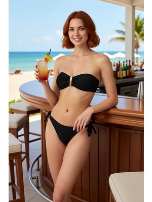 PayBuy Kadın Bikini Takımı Dokulu Örme Kumaş Straplez Üst Balensiz Atma Kap Brazilian Alt Normal Bel