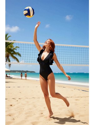 PayBuy Kadın Mayo Volanlı V Yaka Kolsuz Balensiz Destekli Örme Kumaş Regular Kesim Düz Desen