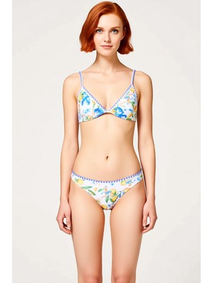 PayBuy Kadın Bikini Takımı Şal Desen Nakışlı Üçgen Kap Balensiz Kolsuz Örme Kumaş Normal Bel Slip Alt