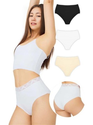 Homay 3'lü Yüksek Bel Lastiği Desenli Lazer Kesim Bikini Külot