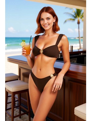 PayBuy Kadın Bikini Takımı Bralette Üst Balensiz Normal Bel Slip Alt Döküm Aksesuar Detay Kolsuz Örme Kumaş