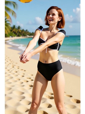 PayBuy Kadın Bikini Takımı Yüksek Bel Hipster Balensiz Kap Kısa Puf Kol Kontrast Şeritli Örme Kumaş