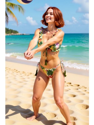 PayBuy Kadın Bikini Takımı Tropikal Desenli Fırfırlı Üçgen Kaplı Balensiz Kolsuz Örme Kumaş Düşük Bel Slip