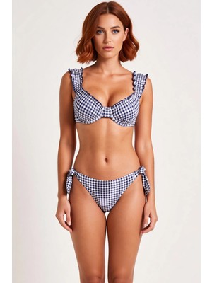 PayBuy Kadın Bikini Takımı Balconette Kaplı Fırfırlı Balenli Brazilian Kesim Normal Bel Ekose Desenli
