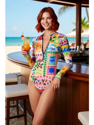 PayBuy Kadın Mayosu Sörf Çiçek Desenli Fermuarlı Dik Yaka Uzun Kol Balensiz Hipster Kesim Örme Raşel