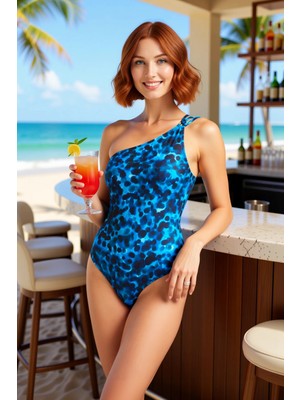PayBuy Kadın Mayo Tek Omuz Sırt Dekolteli Balensiz Kaplı Leopar Desenli Kolsuz Regular Kesim Örme Kumaş