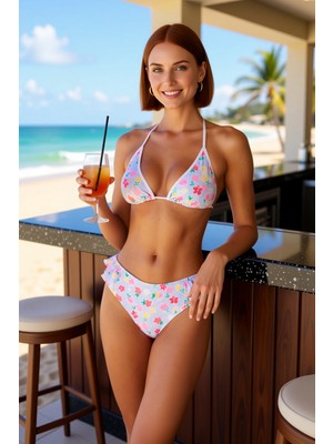 PayBuy Kadın Bikini Takımı Çiçek Desenli Fırfırlı Üçgen Kap Bağlamalı Balensiz Yüksek Bel Örme Kumaş