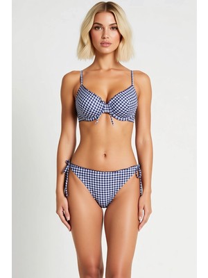 Benerly Kadın Bikini Takımı Balconette Kaplı Normal Bel Dokulu Fırfırlı Ekose Desenli Slip Alt Yazlık Plaj