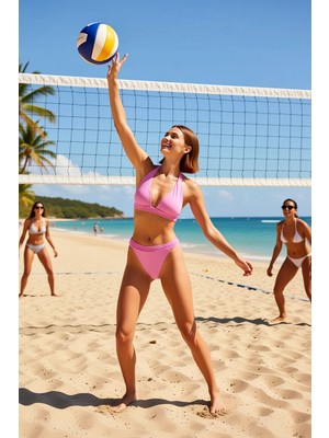 PayBuy Kadın Bikini Takımı Üçgen Kesim Boyundan Bağlamalı Balensiz Gipeli Yüksek Bel Brazilian Düz Raşel