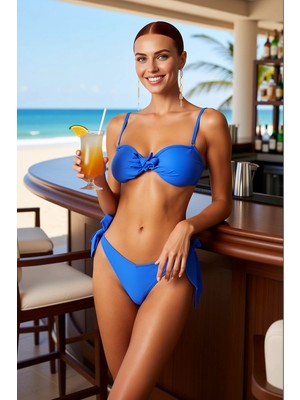 PayBuy Kadın Bikini Takımı Bağlamalı Straplez Kaplı Brazilian Yüksek Bel Balensiz Örme Raşel Düz Şık
