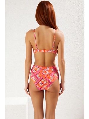 PayBuy Kadın Bikini Takımı Balconette Kaplı Balenli Yüksek Bel Hipster Şal Desen Taş Baskı Kolsuz Örme