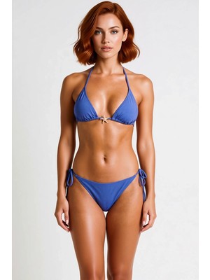 PayBuy Kadın Bikini Takımı Üçgen Kap Kolsuz Düz Desen Döküm Aksesuarlı Balensiz Bağlama Bağcık Örme Raşel