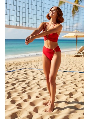 PayBuy Kadın Bikini Takımı Aksesuarlı Bralette Balensiz Yüksek Bel Düz Desen Örme Kumaş Kolsuz Regular