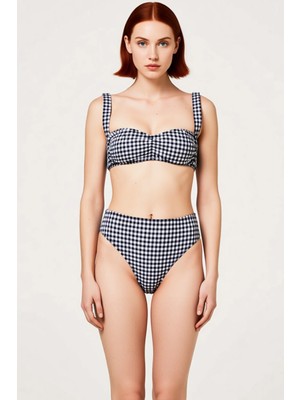PayBuy Kadın Ekose Desenli Bralette Kesim Kolsuz Dokulu Bikini Takımı Balensiz Fonksiyonel Modern