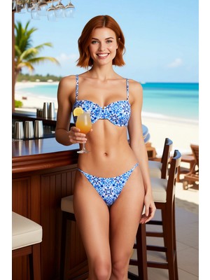 PayBuy Kadın Bikini Takımı Balconette Kaplı Balenli Fırfırlı Çini Desenli Düşük Bel Slip Regular Şık