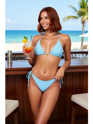 PayBuy Kadın Bikini Takımı Üçgen Kap Kolsuz Düz Desen Döküm Aksesuarlı Balensiz Bağlama Bağcık Örme Raşel