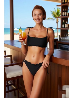 PayBuy Kadın Bikini Takımı Bralette Üst Slip Alt Gipeli Dokulu Kolsuz Bağlama Askılı Regular Kalıp Normal