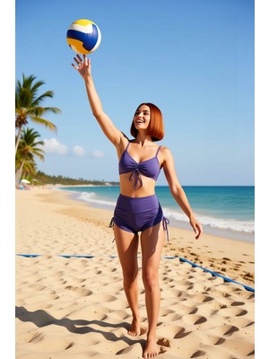PayBuy Kadın Şortlu Bikini Takımı Kolsuz Balensiz Yüksek Bel Tünelli Düz Desen Örme Raşel Dokuma Şık