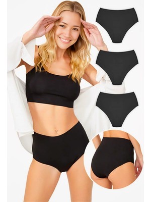 Homay 3'lü Siyah Yüksek Bel Lazer Kesim Basic Bikini Külot