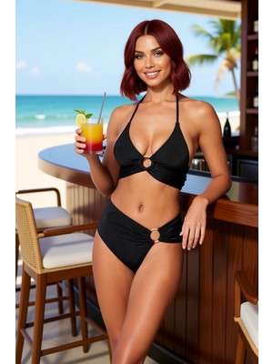 PayBuy Kadın Bikini Takımı Aksesuarlı Bralette Balensiz Yüksek Bel Düz Desen Örme Kumaş Kolsuz Regular